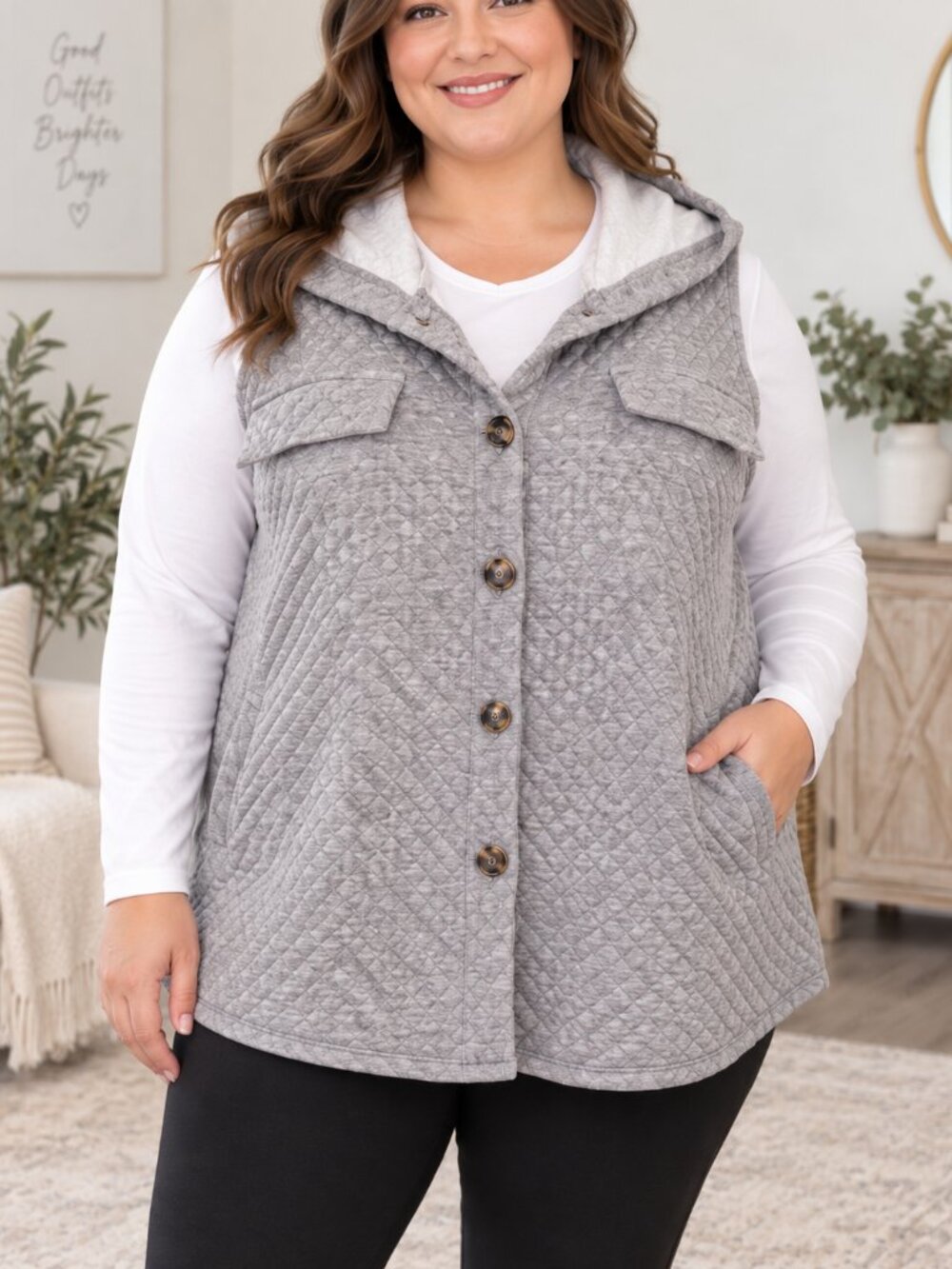 SHEIN Curve Quilted Hooded Vest 2XL | Gray Button Front Cozy Layering Piece